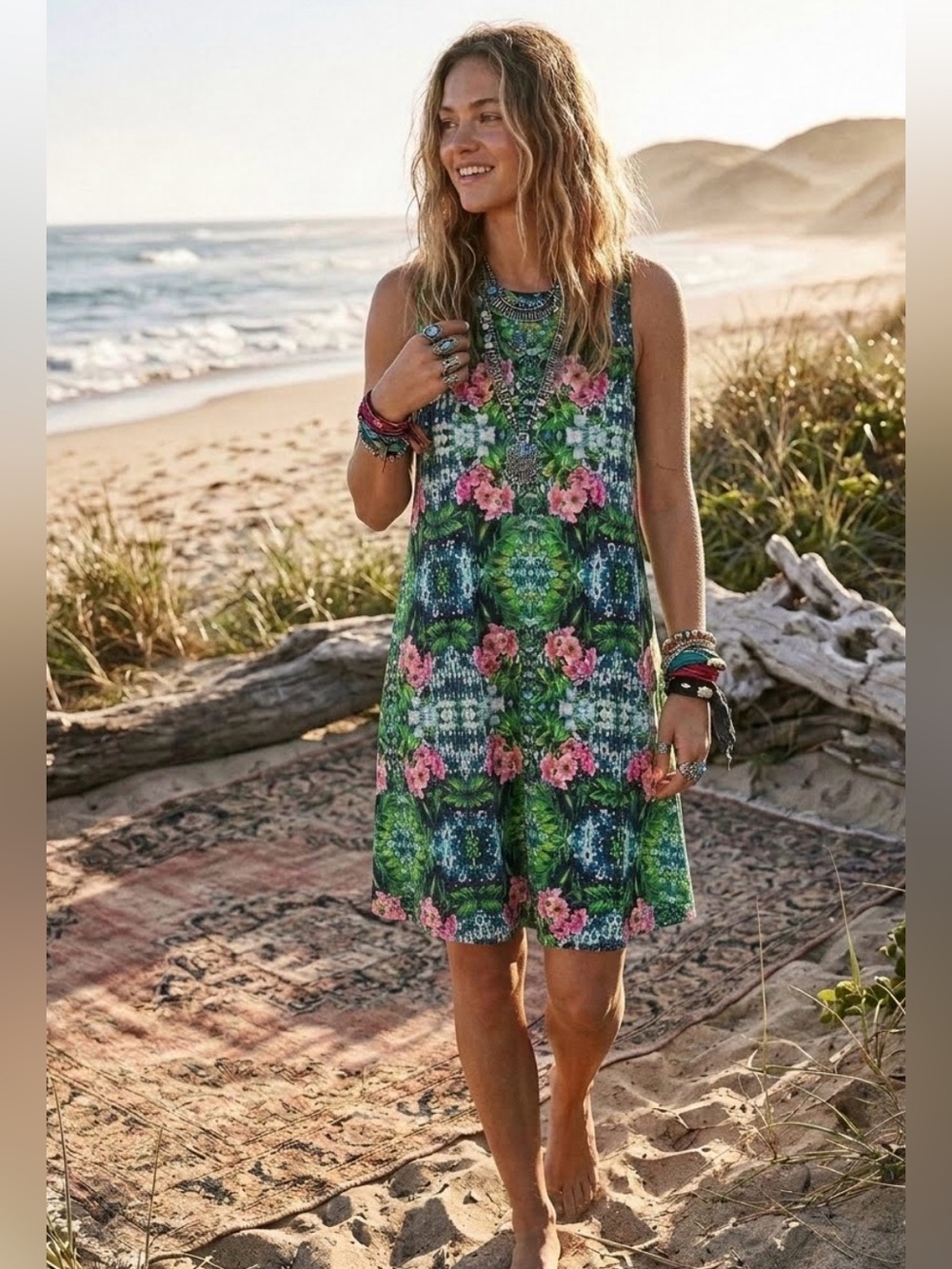 Tropical Floral Dress Green & Pink Sleeveless, Tank Dress, Neon Kaleidoscope